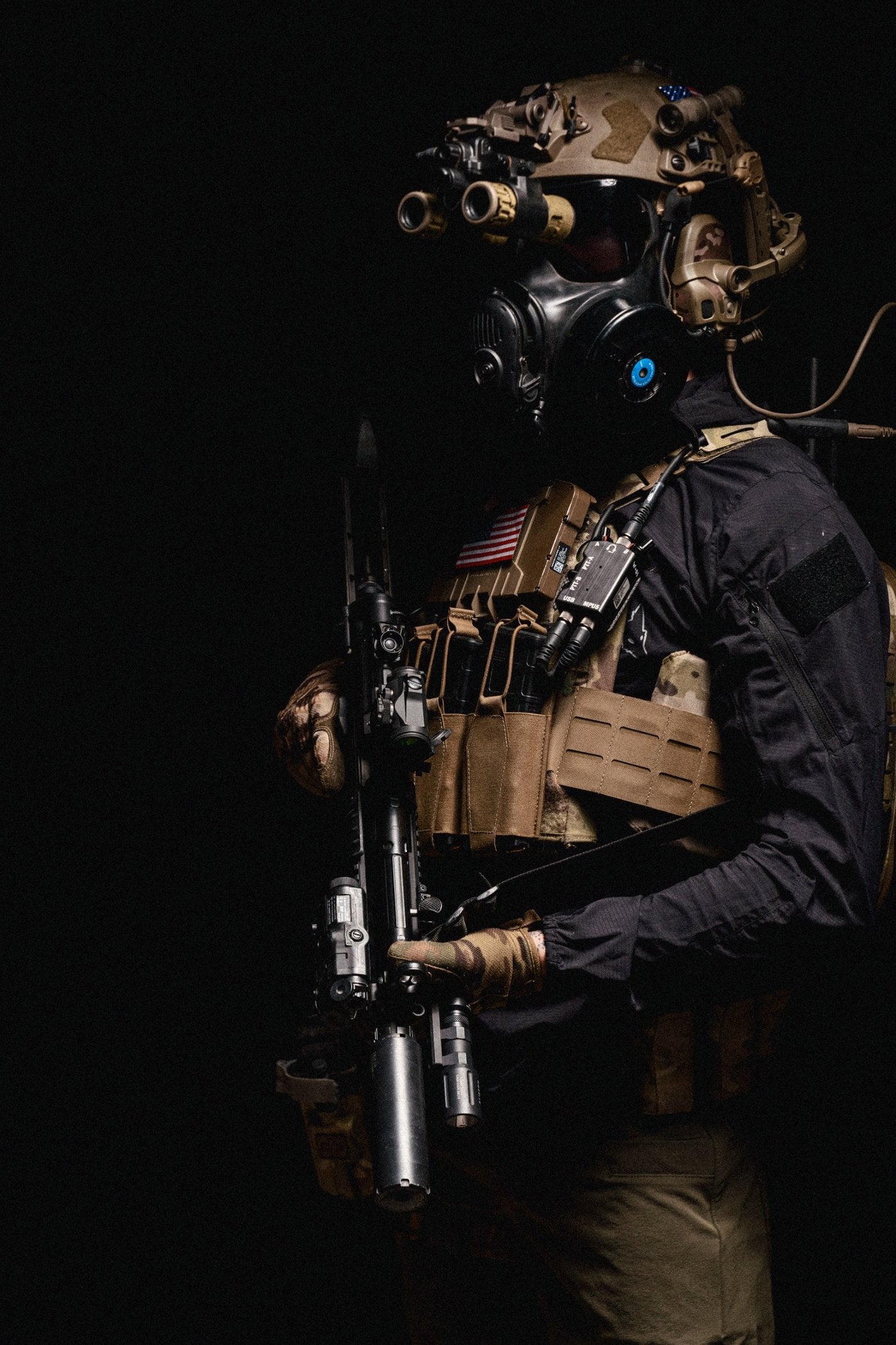 GSR operator in full kit with night vision and a gas mask